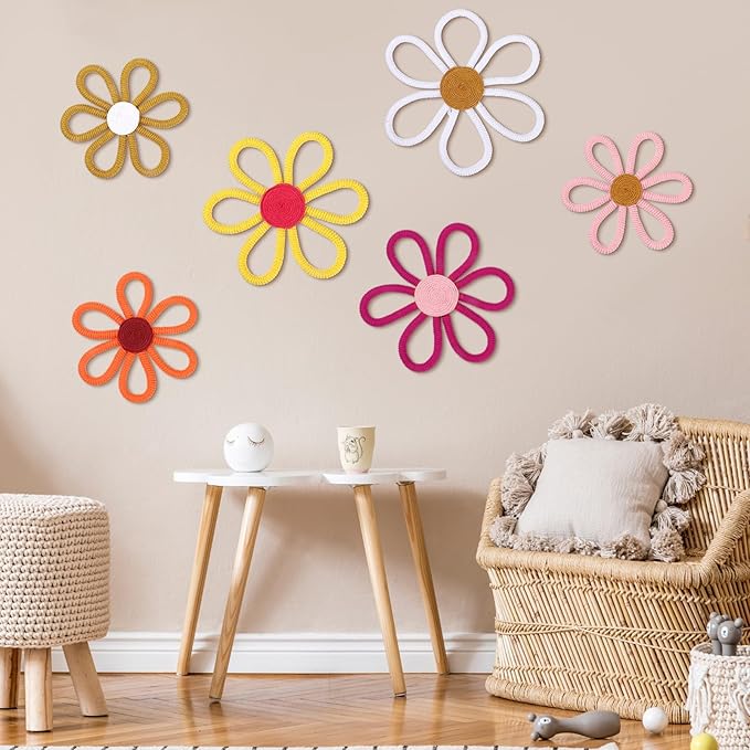 Barydat 6 Pcs Boho Nursery Decor Daisy Flower Woven Macrame Wall Hanging 3 Size Daisy Flower Wall Decor Bohemian Nursery Decorations for Home Dorm Art(Fresh Color)