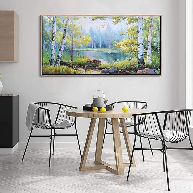 YCPRIMER Forest Wall Art - Birch Tree Canvas Wall Decor Green Trees Picture for Living Room Lake Forest Landscape Painting Home Bedroom Decoration Green and White Framed Artwork Decor 24×48IN