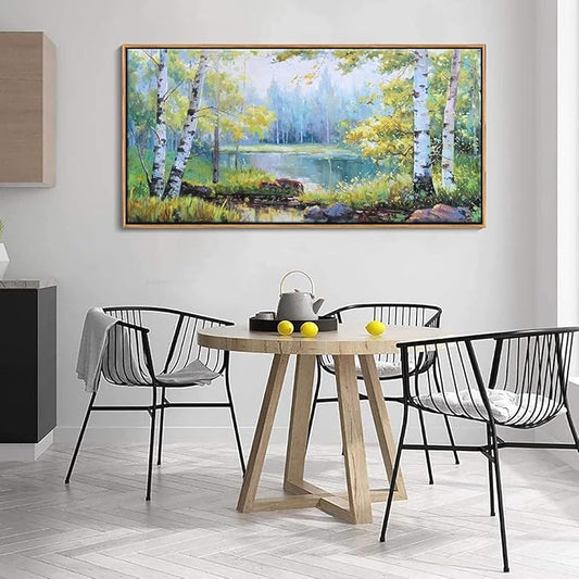 YCPRIMER Forest Wall Art - Birch Tree Canvas Wall Decor Green Trees Picture for Living Room Lake Forest Landscape Painting Home Bedroom Decoration Green and White Framed Artwork Decor 24×48IN