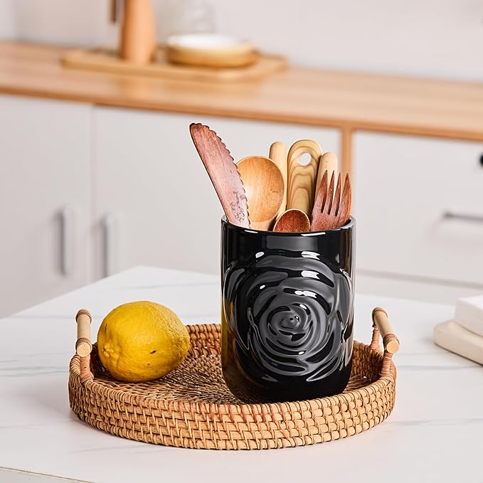 Black Ceramic Utensil Holder Set of 2 - Rose Carved Design, Kitchen Countertop Utensil Organizer for Spatula, Spoon & Cooking Tools, Large (7.5") & Small (5.5"), Farmhouse Kitchen Counter Decor