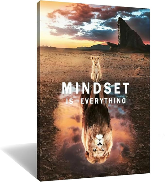Mindset is Everything Canvas Painting Wall Art Motivational Posters Cute Animal Small Cat Big Lions Picture Prints Inspirational Framed Artwork Modern Home Decor Living Room Bedroom [24''W x 36''H]