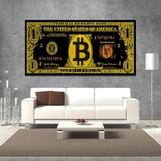 Extra Large Modern Home Living Room Decor Bitcoin Canvas Wall Art Black Golden Retro Money Artwork Poster and Prints Framed Easy to Hang-48x24 inches