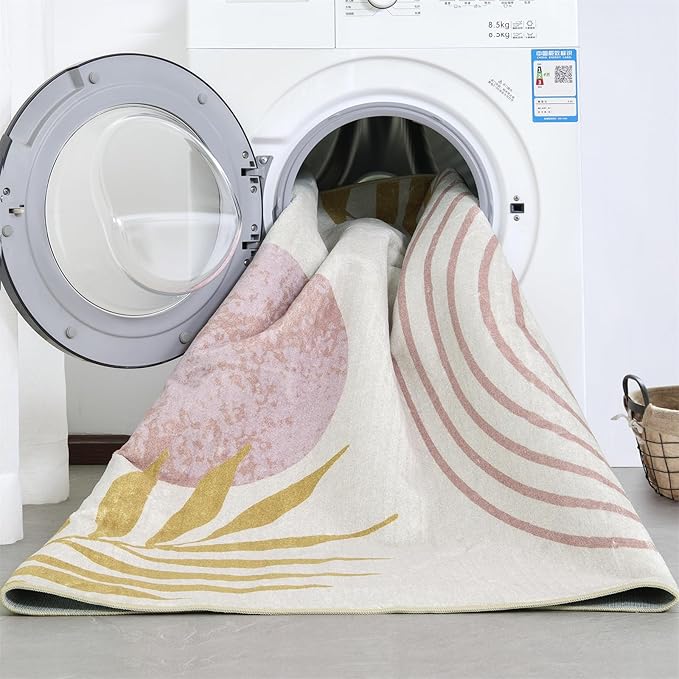 RoomTalks Cute Pink Nuresry Rug Washable, Boho Modern Contemporary Aesthetic 4x6 Area Rugs for Bedroom Dining Living Room Dorm, Abstract Art Tropical Leaves Thin Indoor Entryway Rug Carpet