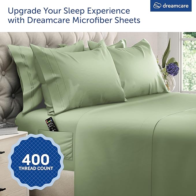 DREAMCARE King Size Sheets Set – 6 pcs Cooling Bed Sheets – up to 21” Deep Pocket King Sheet Set – 2500 Supreme Collection – Extra Soft 100% Brushed Microfiber Hotel Luxury with Side Pocket – S Green