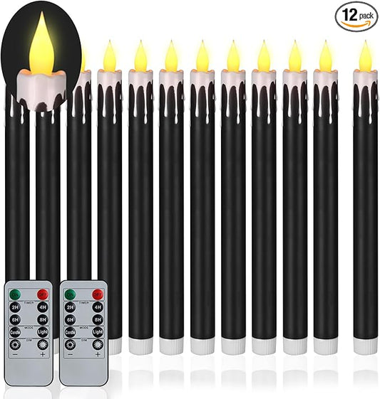 Flameless Taper Candles 10.6" Dripless Battery Operated Taper Candles Included Remote Timer 400+ Hours by 2AA Batteries for Halloween Christmas Wedding (Black+White, 12 Pack)