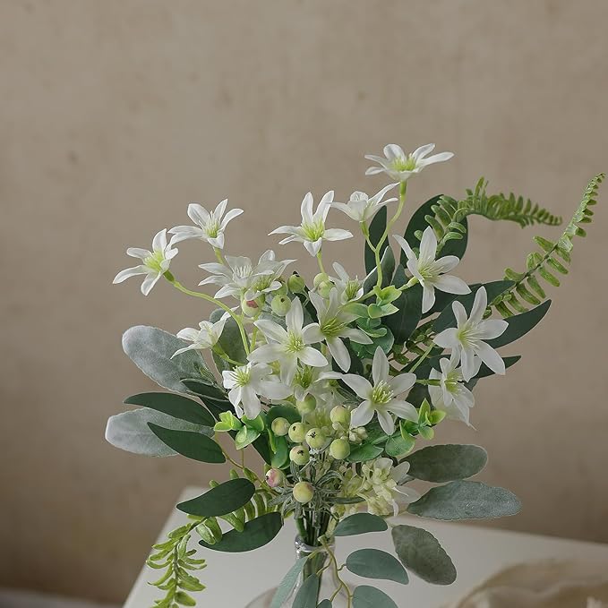 FOTEEWL 70 Pcs Artificial Greenery Stems Box Set,with 8 Kinds of Faux Plants and Fake Flowers for DIY Bridal Bouquets Wedding Floral Arrangement Table Centerpieces Decoration (Sage Green & White)