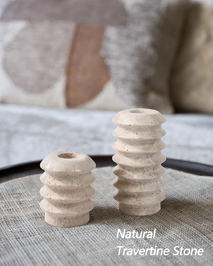 HofferRuffer Travertine Candlestick Holders, Set of 2 Natural Stone Candle Holder Decorative Candle Stands for Wedding, Dinning, Party, Table Centerpieces, Fits 3/4'' Thick Candles (Cream White)