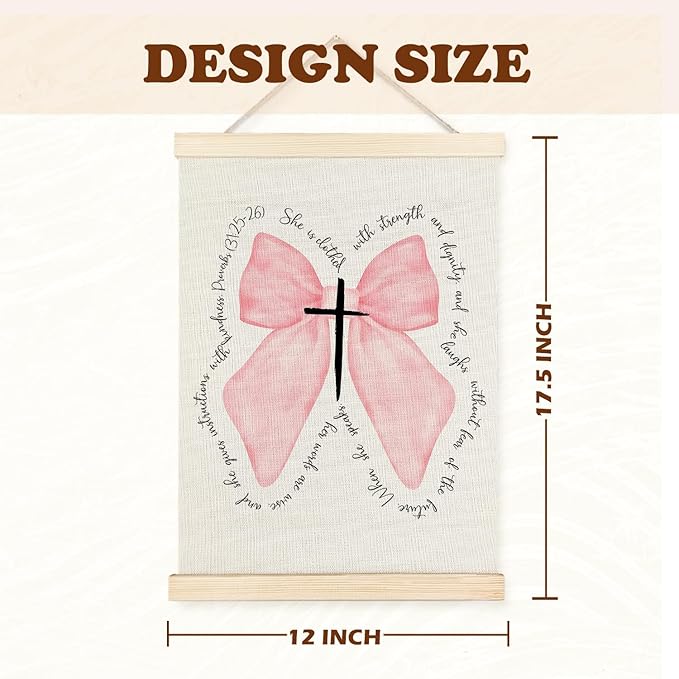 Supwhd Pink Bow Coquette Christian Wall Decor for Girls Room Dorm, Pink Christian Bible Verse Wall Art With Wooden Poster Hanger, 12x16