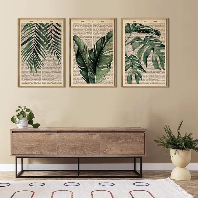 ANHUIB Large Botanical Prints Wall Art Framed Palm Leaf Wall Decor 16x24Inch Vintage Plant Art Prints Green Leaves Paintings Set of 3 for Living Room Bedroom Office