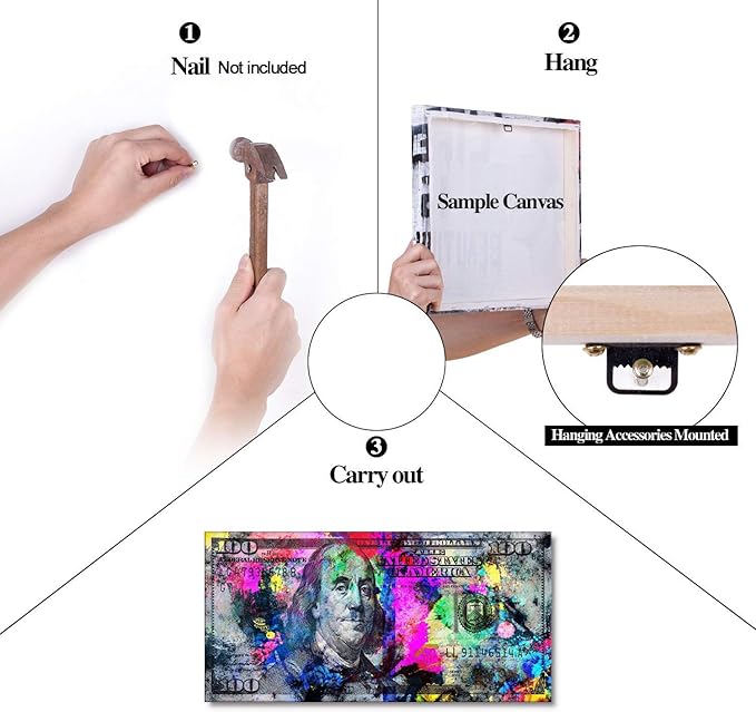 Colorful 100 Dollars Bill Wall Art Giclee Canvas Print Office Decor Money Pop Art Entrepreneur Motivational 100 Bill Cash Benjamin Franklin Dollar Print Art for Study Room Gym Coffee Shop-32"Wx16"H