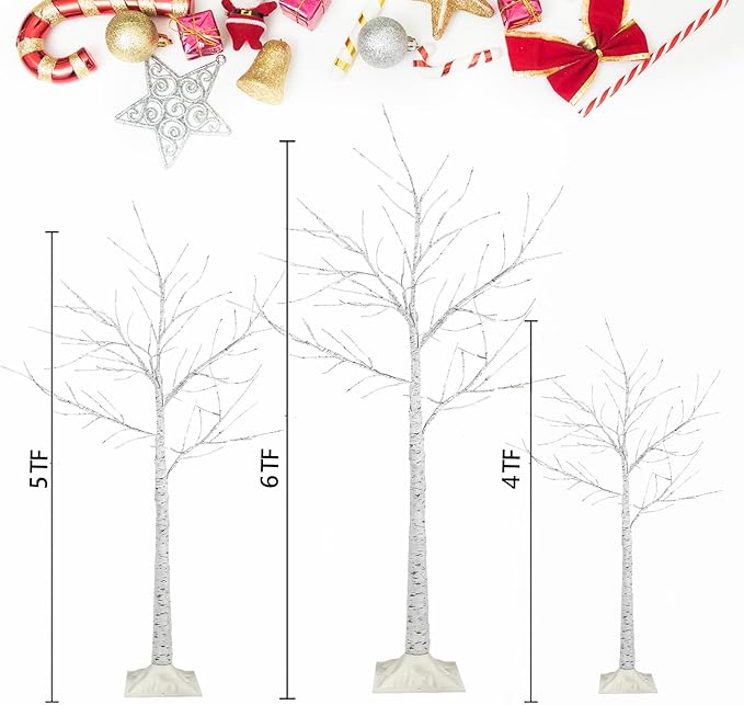 Set of 3 Lighted Birch Tree 4FT 5FT and 6FT, Higher Size, Timer Function Birch Christmas Tree with 144 LED Warm White Lights for Indoor Christmas Decorations Outdoor Yard Garden Home Bedroom Party
