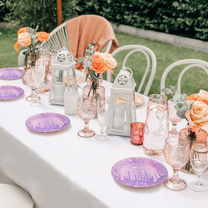 50PCS Purple Glitter Paper Plates 7inch Purple Gold Diamond Birthday Dessert Plate for Cake Salad Pizza Disposable plates Supplies for Girls Women Mermaid Anniversary Birthday Wedding Theme Party