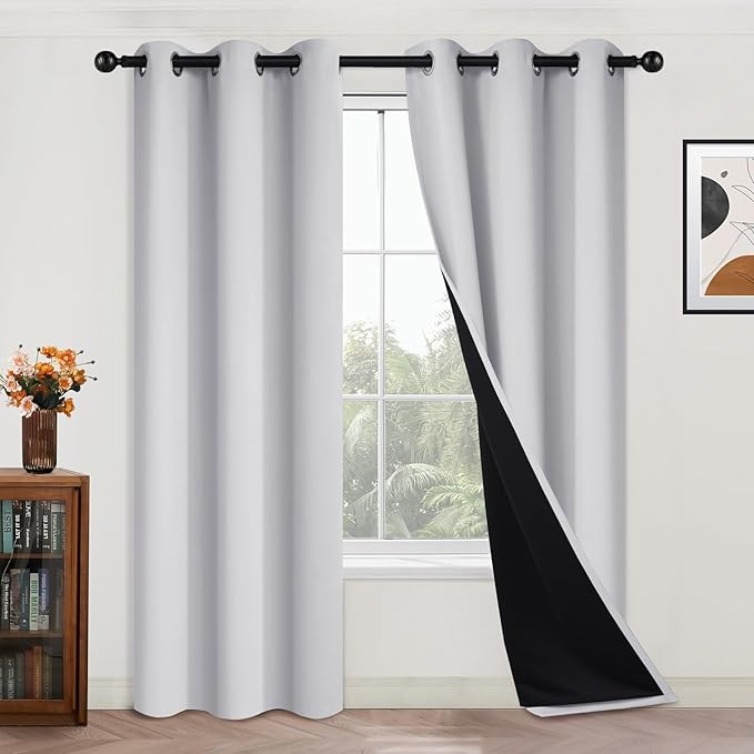 Yakamok 100% Blackout Curtains 84 Inches Long, 2 Thick Layers Heat and Full Light Blocking Soft Thermal Insulated Drapes for Bedroom(42" Wide Each Panel, Greyish White, 2 Panels)