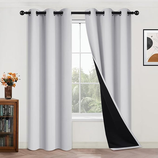 Yakamok 100% Blackout Curtains 84 Inches Long, 2 Thick Layers Heat and Full Light Blocking Soft Thermal Insulated Drapes for Bedroom(42" Wide Each Panel, Greyish White, 2 Panels)
