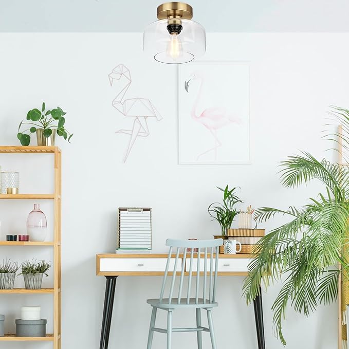 Industrial Semi Flush Mount Ceiling Light Brass, 800 Lumen LED Bulb Included, Clear Glass Shade Ceiling Light Fixture, Light Fixture for Hallway Bathroom Bedroom, Vintage Hanging Lighting