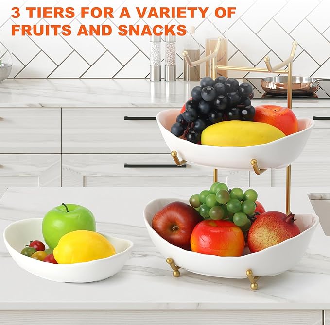 3 Tier Ceramic Fruit Bowl Basket for Kitchen Counter, Fruit Serving Bowls with Metal Stand, Tiered Fruit Basket for Fruit Vegetable Storage, Snack, Nuts, Cake, Dessert - Gold
