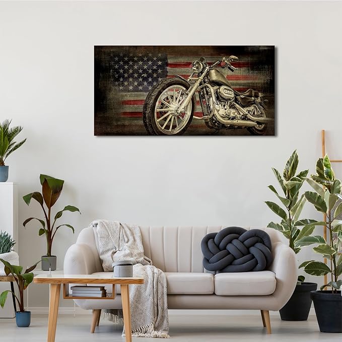 yearainn American Flag Motorcycle Wall Art - Vintage Map of USA Pictures Retro Motorcycle Wall Decor American Freedom Ride Canvas Painting Print Modern Classic Artwork for Home Office Decor 20" x 40"