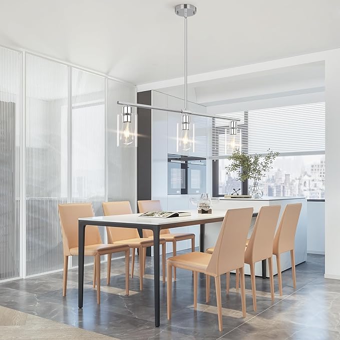 Kitchen Island Lighting, 3 Lights Linear Chandeliers Rectangle Pendant Light Fixtures for Dining Room Farmhouse Hanging Light with Glass Shades(Chrome)