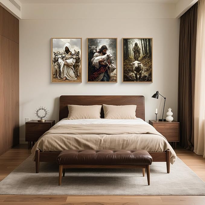 KAIRNE Jesus Christian Wall Art Set of 3, Religious Canvas Prints with Lamb & Wolf, Vintage Bible Verse Decor, The Good Shepherd Artwork for Living Room, Bedoom - 16x24 Inches