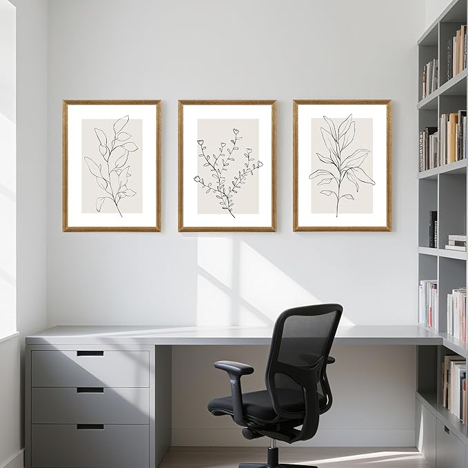 WRFON Neutral Botanical Canvas Wall Art, Minimalist Black Line Flower Poster Prints, Boho Beige Floral Wall Decor, Abstract Plant Leaf Aesthetic Picture for Bedroom Living Room Wood Framed 12"x16"x3