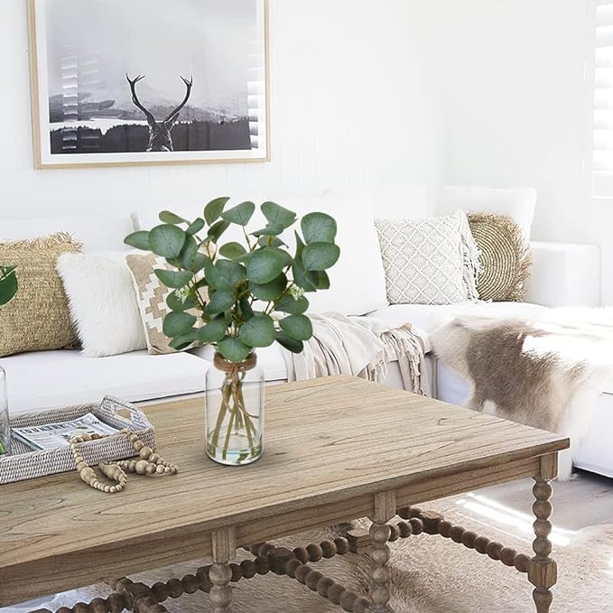 Briful Artificial Eucalyptus Stems in Glass Vase with Faux Water, 14" Fake Plant Eucalyptus Leaves for Home Farmhouse Wedding Centerpiece Bathroom Décor, 2 Packs