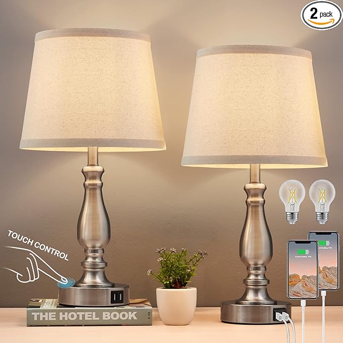 Lamps for Bedrooms Set of 2, Brushed Nickel Bedside Lamps with USB C+A Ports, 3 Way Dimmable Nightstand Lamps with Fabric Lampshade, Touch Table Lamp for Living Room Bedroom Office, Bulbs Included