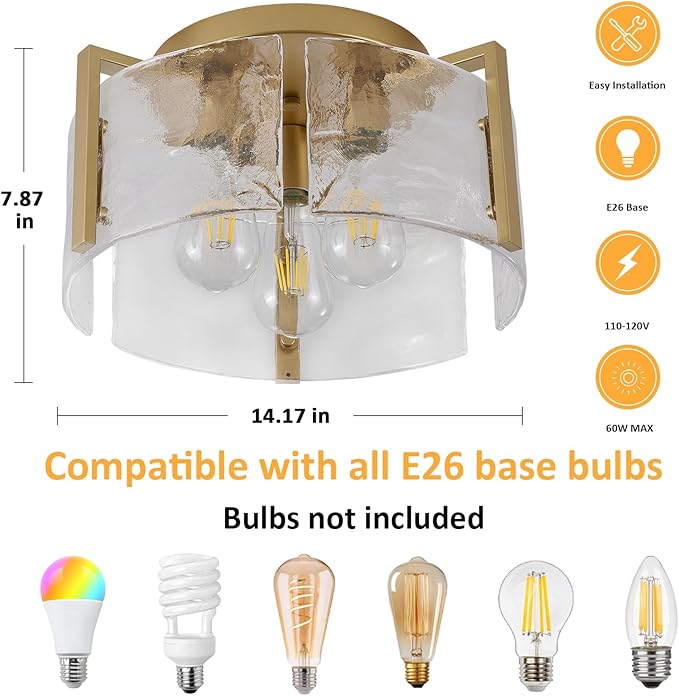 Modern Semi Flush Mount Ceiling Light Fixture, Gold Hallway Light Fixtures Ceiling Mount, Dimmable Foyer Kitchen Lighting Fixtures Ceiling Lights for Bedroom Bathroom Dining Room Laundry Room Entryway
