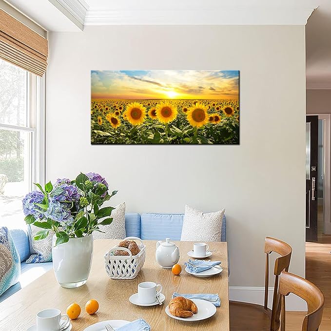 Biuteawal Sunflower Canvas Print Wall Art Sunset Landscape Pictures Flower Field Artwork Modern Painting for Home Kitchen Bedroom Dining Room Stretched and Framed Ready to Hang