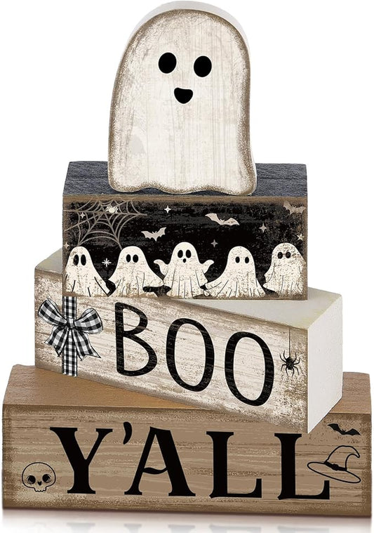 4 Pcs Halloween Table Decoration Wooden Ghost Tiered Tray Decoration Rustic Wood Ghost Block Signs Gift Halloween Centerpiece Farmhouse for Home Tabletop Kitchen Shelf