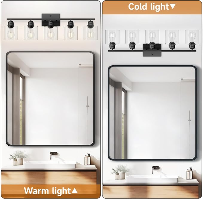 5 Light Bathroom Vanity Light, Bathroom Light Fixtures Black with Clear Glass,30 inch Vanity Lights for Mirror Living Room Bedroom Hallway E26 Base