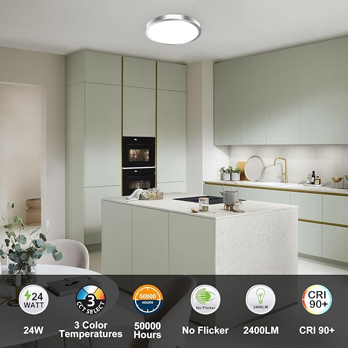 hykolity 2 Pack 12 Inch Selectable CCT LED Round Flat Panel Light, 24W 3000K/4000K/5000K, Edge-Lit Flush Mount Ceiling Light Fixture for Kitchen, Bedroom, Laundry and Closet Room,Brush Nickel