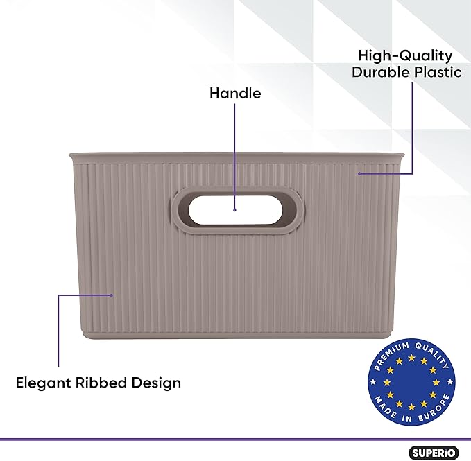 Superio Ribbed Collection - Decorative Plastic Lidded Home Storage Bins Organizer Baskets, Large Taupe (2 Pack - 15 Liter) Stackable Container Box, for Organizing Closet Shelves Drawer Shelf