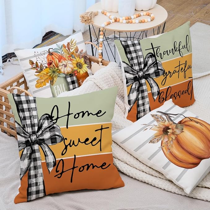 AACORS Fall Pillow Covers 18 x 18 Inch Set of 4, Pumpkin Home Sweet Home Thankful Grateful Blessed Harvest Floral Decorations Autumn Seasonal Pillow Case Decor for Sofa Couch AA556-18