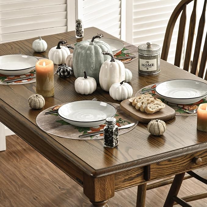 Artoid Mode Wood Pumpkins Fall Round Placemats Set of 4,14 Inch Seasonal Round Place Mats for Party Dining Decoration