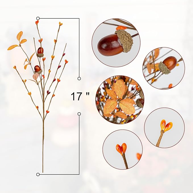 12 PCs Artifical Fall Stems 17 Inches Faux Autumn Branches Fall Floral Picks with Berry Acorn for Vase Table Centerpieces Window Living Room Indoor Decor
