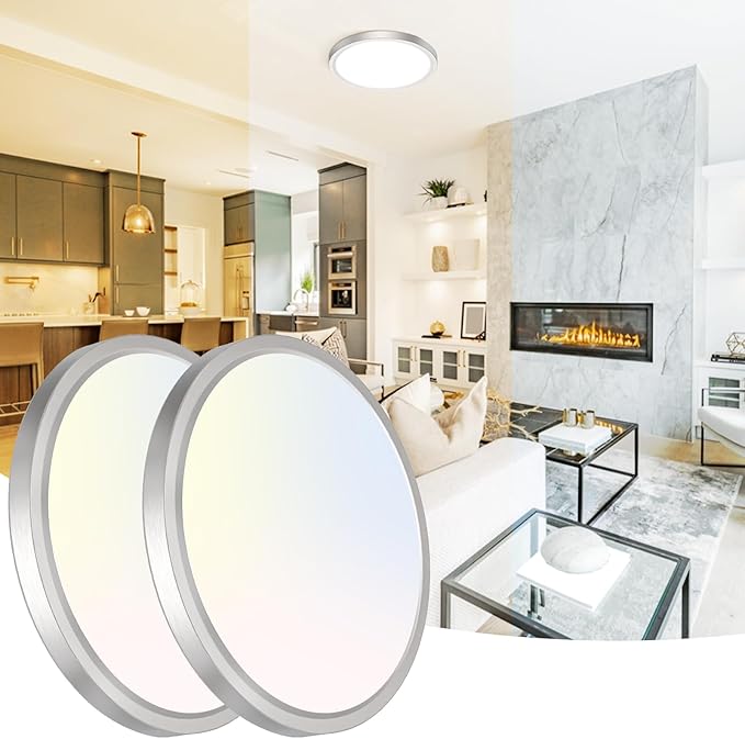 Peasur 12 Inch LED Ceiling Light Brushed Nickel, 24W Slim Flush Mount Ceiling Light 3000K/4000K/6500K Adjustable, Modern Round Ceiling Lighting for Bedroom, Living Room, Kitchen(2 Pack)