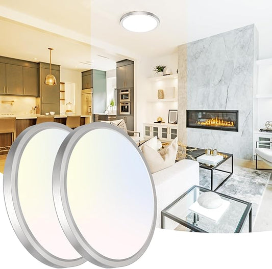 Peasur 12 Inch LED Ceiling Light Brushed Nickel, 24W Slim Flush Mount Ceiling Light 3000K/4000K/6500K Adjustable, Modern Round Ceiling Lighting for Bedroom, Living Room, Kitchen(2 Pack)