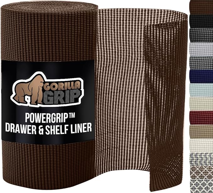 GORILLA GRIP powerGRIP Drawer Shelf and Cabinet Liner, Thick Strong Hold, Non-Adhesive Liners Protect Kitchen Cabinets and Cupboard, Bathroom Drawers, Easy Install, Breathable Mat, 20" x20', Chocolate
