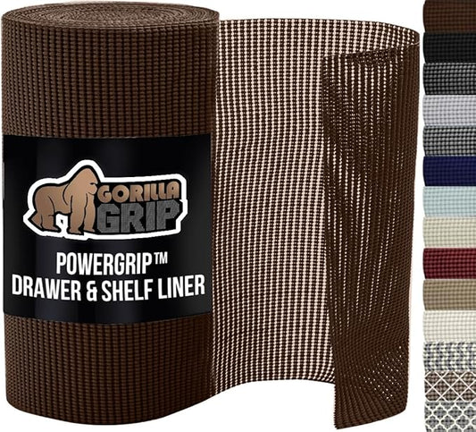 GORILLA GRIP powerGRIP Drawer Shelf and Cabinet Liner, Thick Strong Hold, Non-Adhesive Liners Protect Kitchen Cabinets and Cupboard, Bathroom Drawers, Easy Install, Breathable Mat, 17.5" x10', Brown