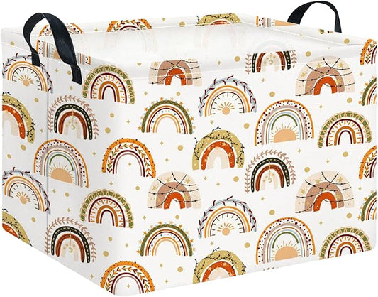 CLOCOR Rectangular Storage Basket Empty,Gift Basket for Kids,Waterproof Toy Bin with Handles,Room Decor(Boho Rainbow)