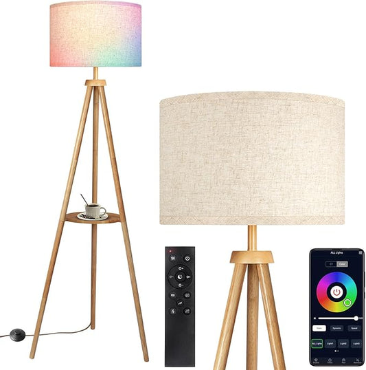 OUTON Tripod Floor Lamp with Shelves, Mid Century Dimmable Wood Floor Lamp with Remote Control, 4 Color Temperatures, Standing Tall Lamp with Linen Shade for Living Room, Bedroom, Office, Oak Hardwood
