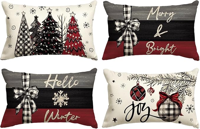 AVOIN colorlife Merry Christmas Joy Xmas Trees Red Throw Pillow Covers, 12 x 20 Inch Christmas Winter Holiday Cushion Case Decoration for Sofa Couch Set of 4
