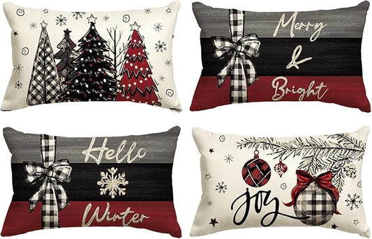 AVOIN colorlife Merry Christmas Joy Xmas Trees Red Throw Pillow Covers, 12 x 20 Inch Christmas Winter Holiday Cushion Case Decoration for Sofa Couch Set of 4