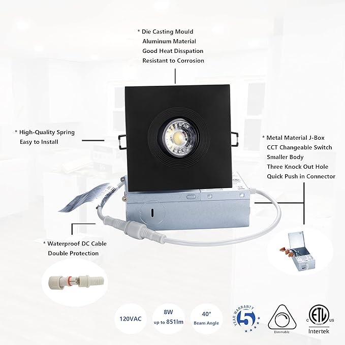 Canless Recessed Gimbal Downlight Rotatable-Spotlight 5 CCT 4 Inch Eyeball Ceilling Potlight, Dimmable Lights Fixture with Junction Box, 8W CCT Adjustable, Black Square Trim, with Baffle, 6P