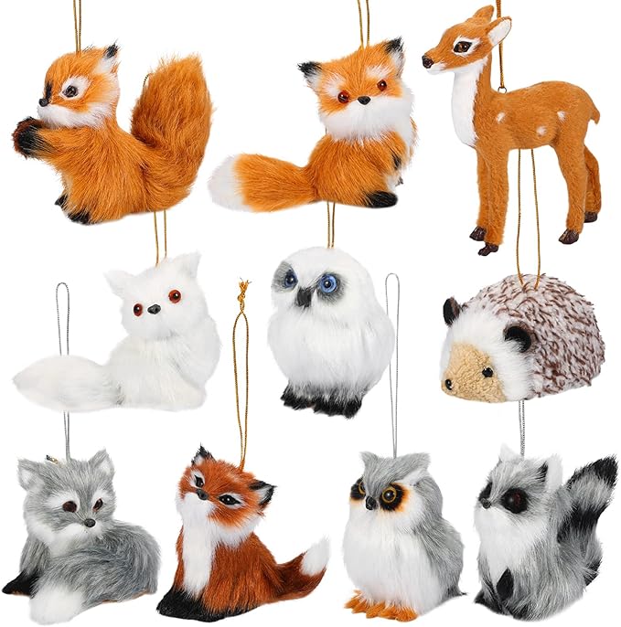 Skylety 10 Pieces Forest Animals Ornaments Woodland Animal Faux Fur Plush Hanging Ornaments Family Educational Playset for Fall, Christmas, Winter Birthday Party Supplies(Animals)