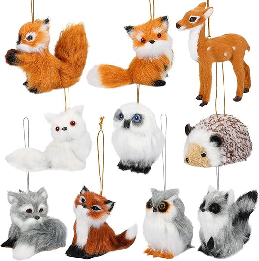 Skylety 10 Pieces Forest Animals Ornaments Woodland Animal Faux Fur Plush Hanging Ornaments Family Educational Playset for Fall, Christmas, Winter Birthday Party Supplies(Animals)