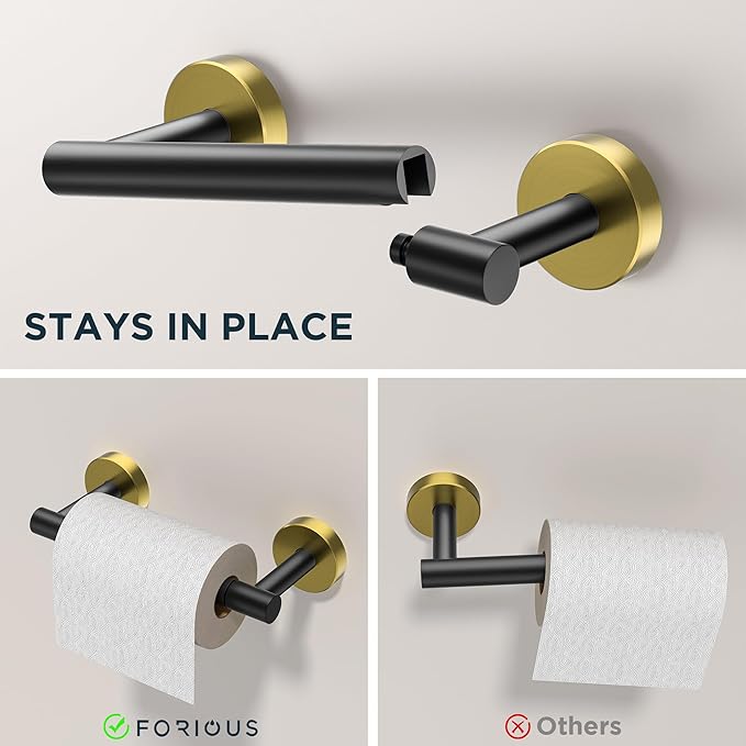 FORIOUS Toilet Paper Holder Wall Mount, SUS304 Stainless Steel Double Post Pivoting Tissue Roll Holder and Hand Towel Ring Set for Bathroom, RV, Bathroom Hardware Accessories Set, Black Gold