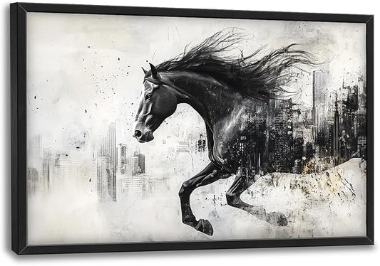 Framed Large Wall Art for Living Room, Black Running Horse Canvas Wall Decor, Large City Picture Framed Painting, Abstract Modern Artwork for Bedroom Office 36L'' × 24W''