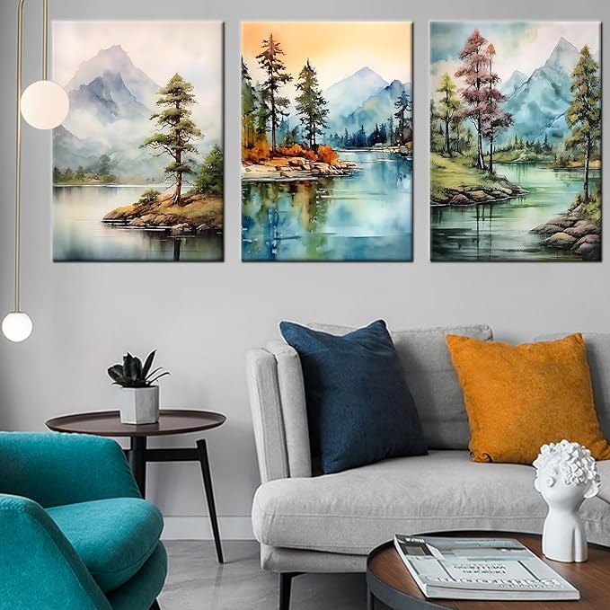 Lake 3 Pieces Poster Wall Art Landscape Watercolor Mountain Forest Print on Canvas Abstract Theme Picture Painting Wall Decor Artwork for Living Room Hotel Workplace Ready to Hang [60''Wx28''H]