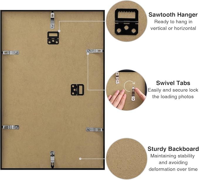 Vittanly 11x17 Picture Frame for Wall, Plexiglass, Displays Poster 8x12 with Mat or 11x17 without Mat, PVC Frame Material, Horizontal or Vertical Hanging, 1 Pack, Brown